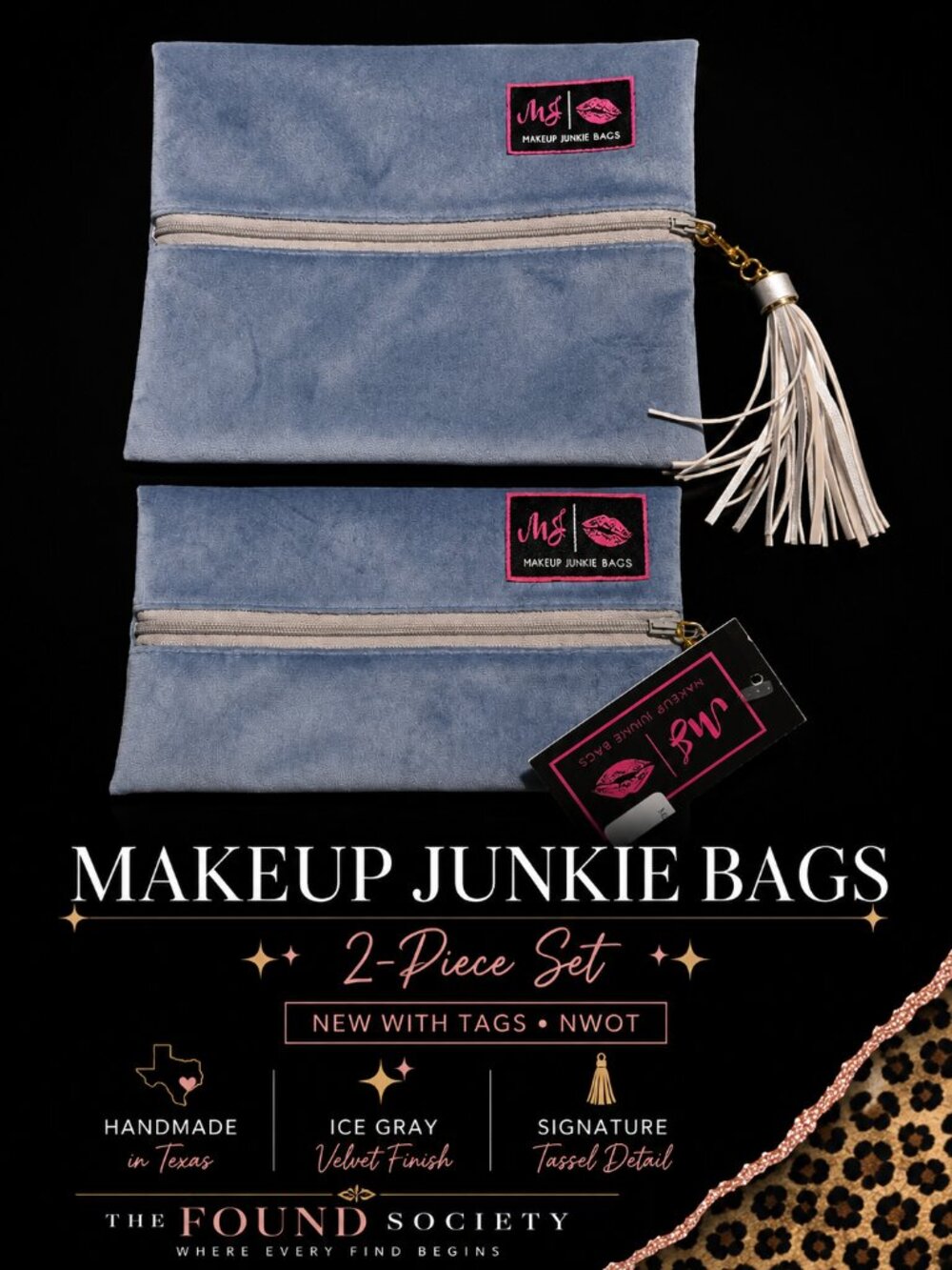 Makeup Junkie Bags Ice Gray Velvet 2-Piece Cosmetic Bag Set | NWT & NWOT |